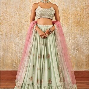 Elegant Mint Green Embroidered Skirt Set
